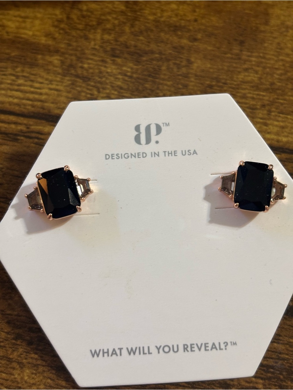 Black Rose Gold Rectangle Crystal Stud Earrings - Designed in the USA